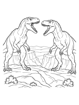 Two massive dinosaurs face off in this dramatic gigantosaurus coloring page set on rocky canyon ridges.