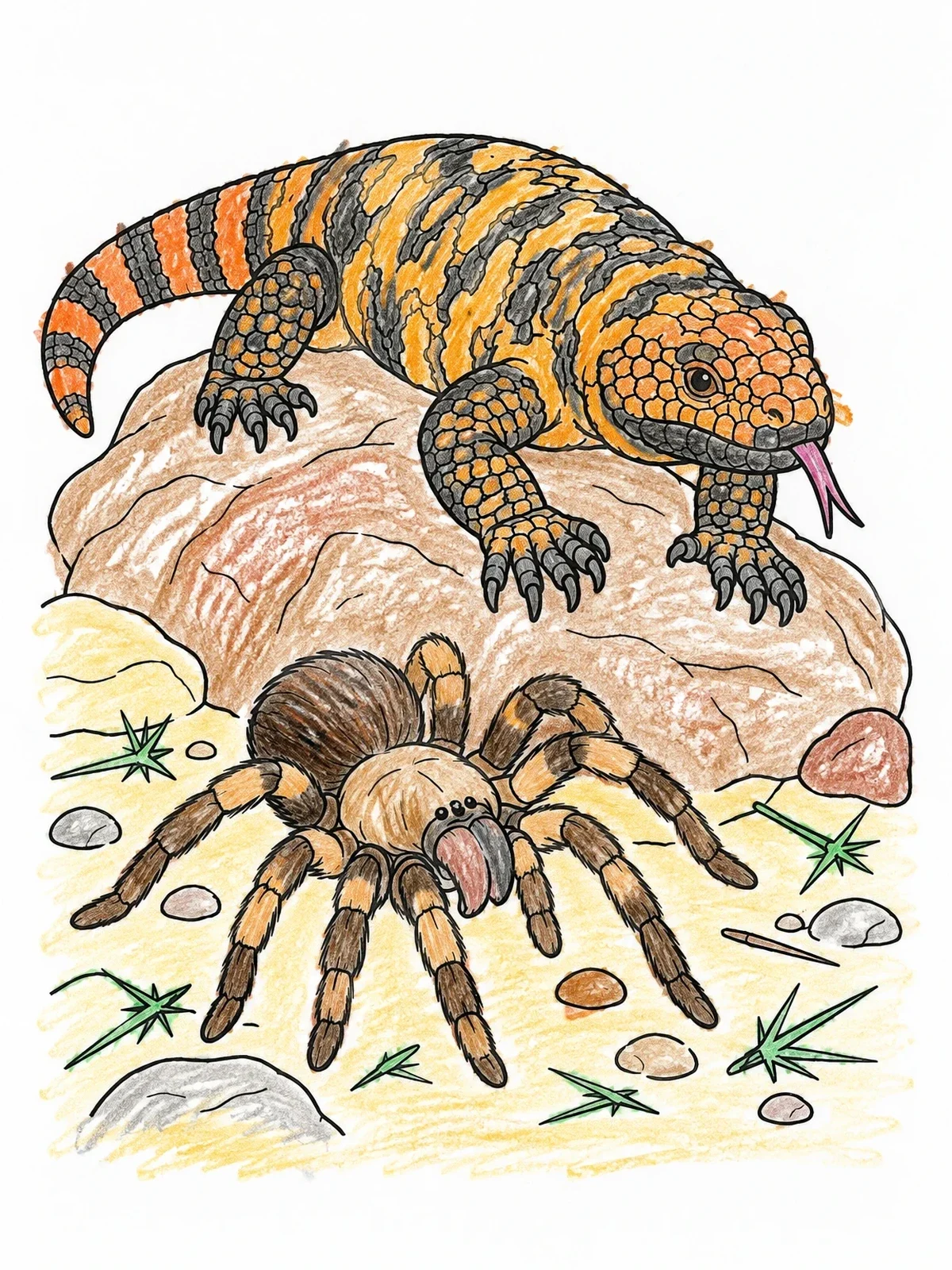 Colored example of the Gila Monster And Desert Tarantula coloring page