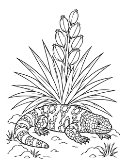 Detailed gila monster coloring page showing the beaded lizard resting beneath a blooming yucca plant.