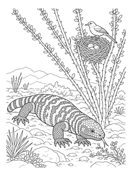 A detailed gila monster coloring page showing the beaded lizard near an ocotillo plant with a bird nest.