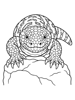 A detailed gila monster coloring page showing the beaded lizard resting its claws on a rocky ledge.