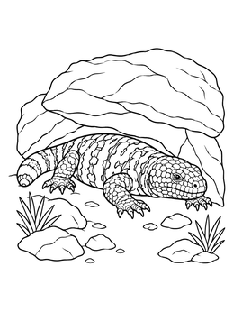 A textured gila monster coloring page resting comfortably beneath a desert rock overhang.