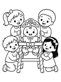 Happy children surround a cute gingerbread baby in this gingerbread coloring page.