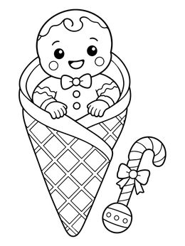 Gingerbread coloring page featuring a baby cookie swaddled in a waffle cone with a candy rattle.