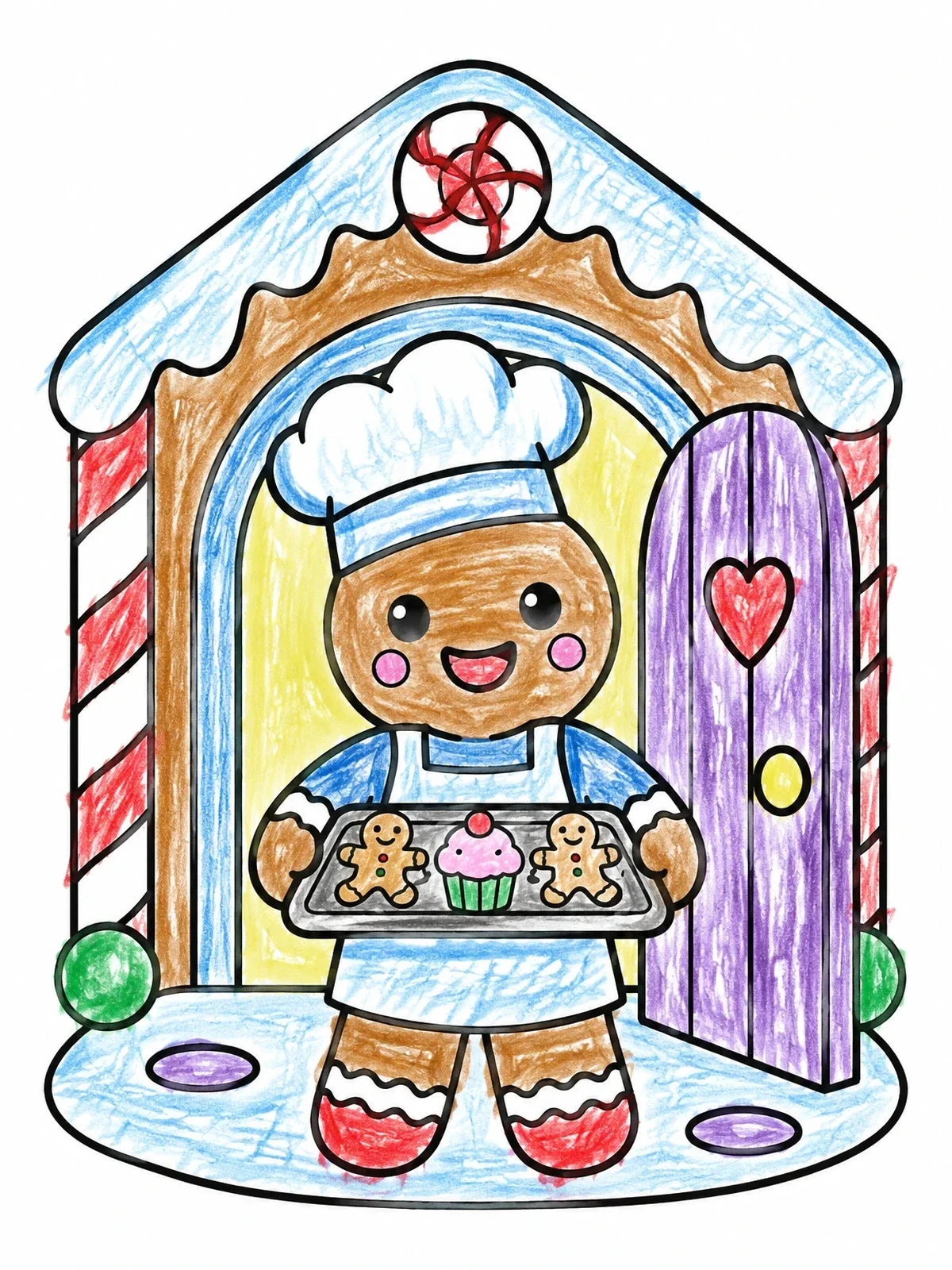 Colored example of the Gingerbread Baker At Candy House coloring page