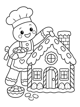 A gingerbread house coloring page with a cute gingerbread chef decorating the icing roof.