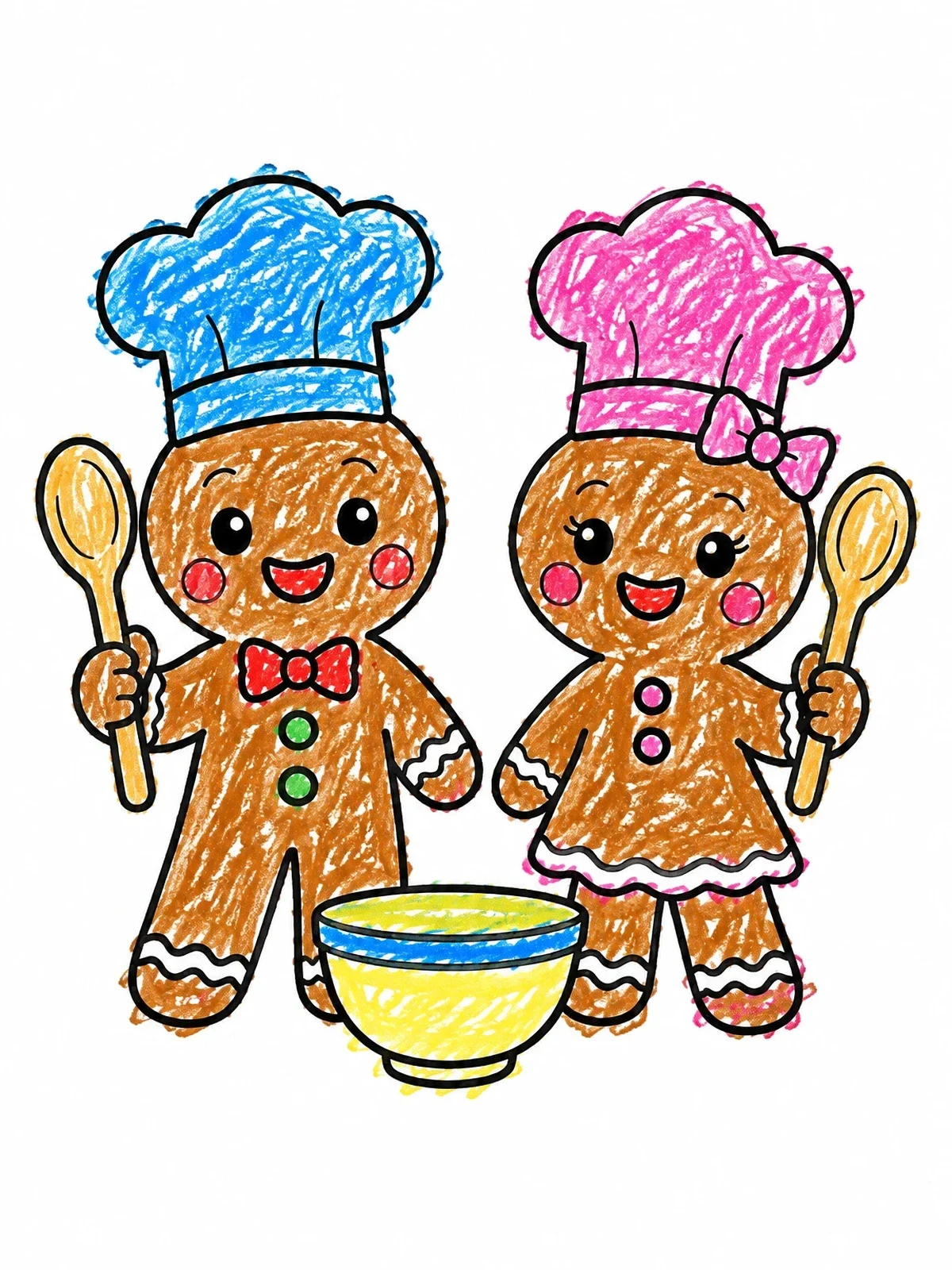 Colored example of the Gingerbread Boy And Girl Baking coloring page