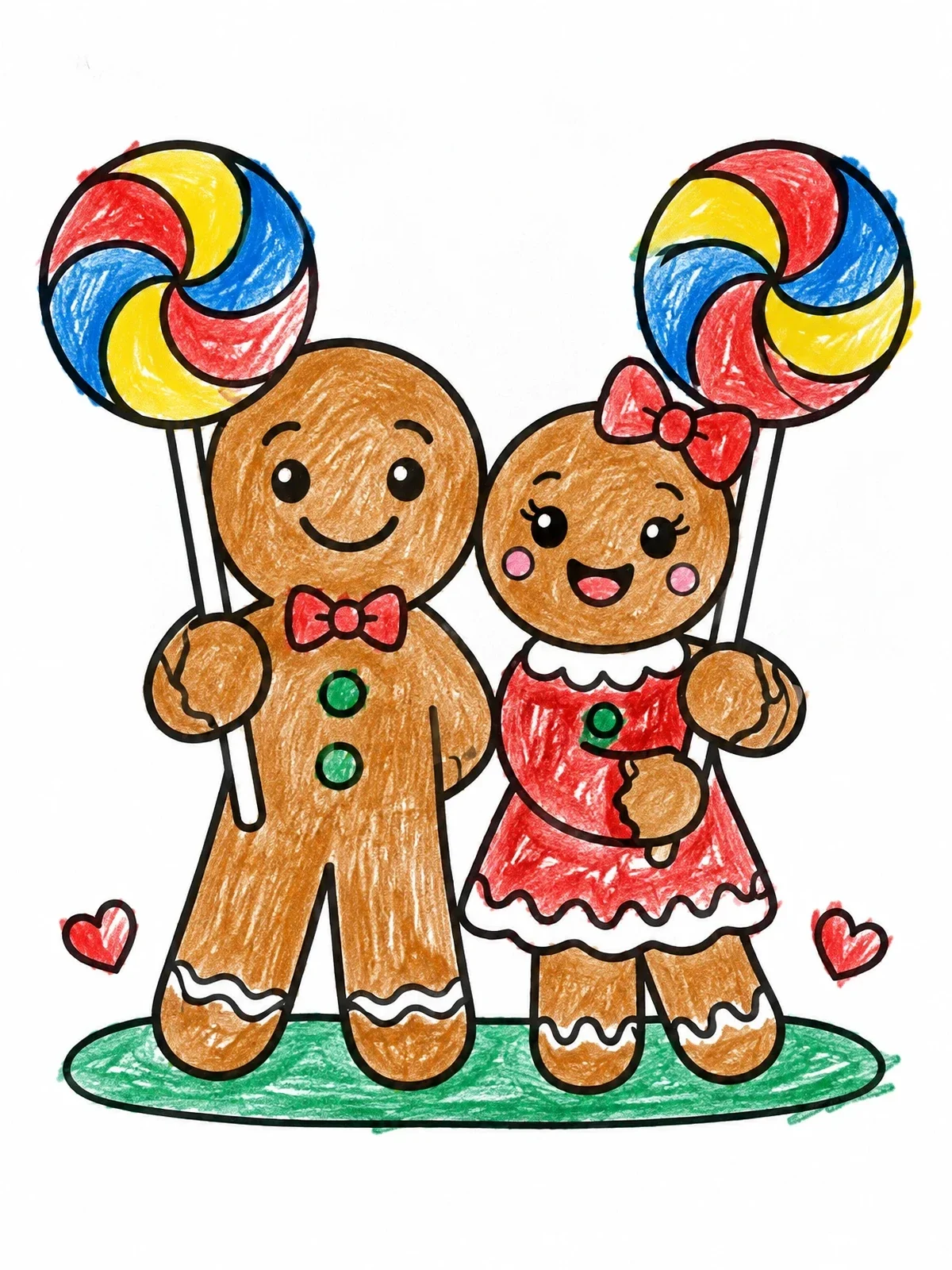 Colored example of the Gingerbread Boy And Girl With Lollipops coloring page