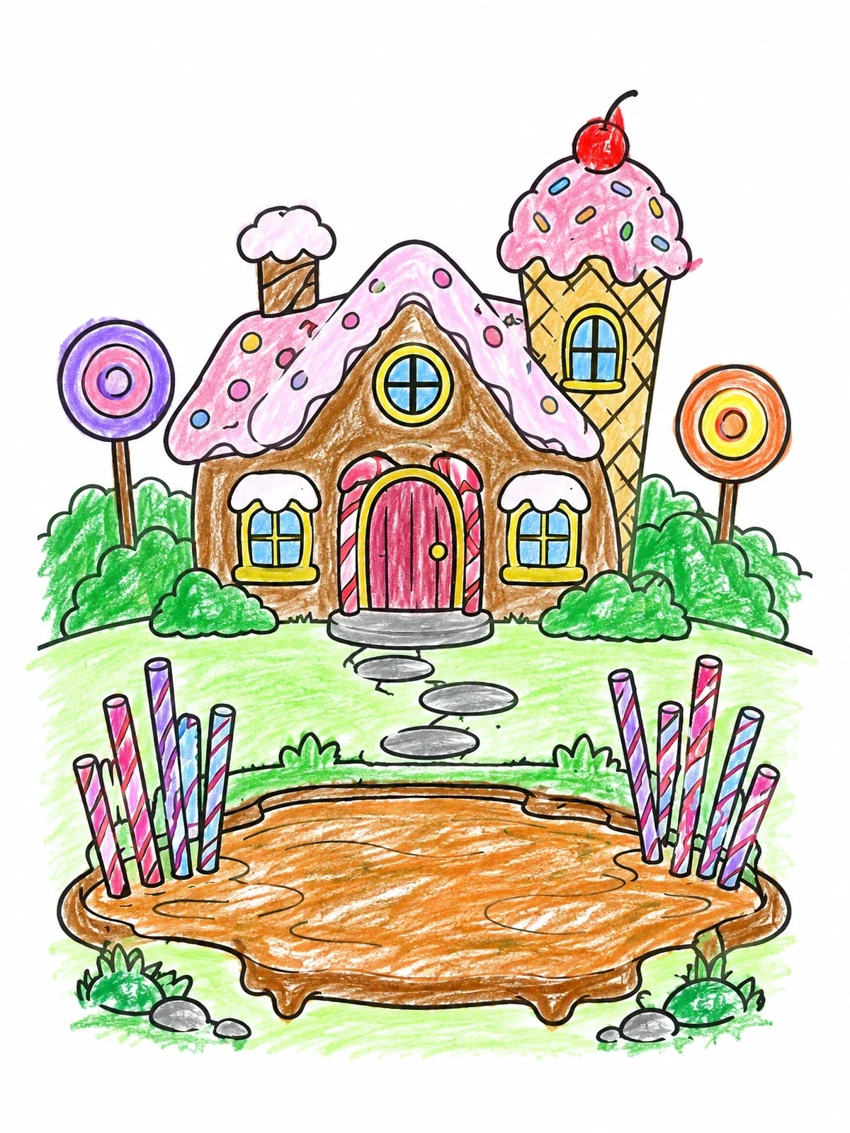 Colored example of the Gingerbread House With Ice Cream Cone Turret coloring page