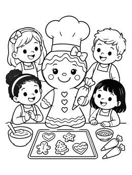 Gingerbread coloring page showing a gingerbread chef decorating cookies with happy children.