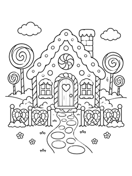 Free printable Gingerbread House With Lollipop Garden coloring page