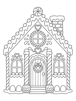 Festive gingerbread house coloring page with candy cane pillars and icing roof details.