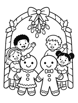 Free printable Gingerbread Couple And Cheerful Children Under Archway coloring page
