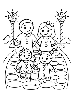Gingerbread family strolling along a sweet stone path in this gingerbread coloring page.