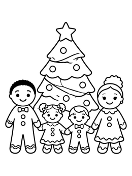 Free printable Gingerbread Family By The Christmas Tree coloring page