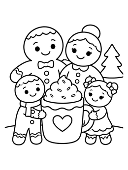 Free printable Gingerbread Family With Hot Cocoa coloring page