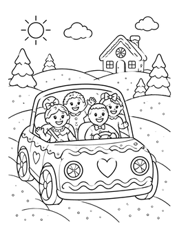 A sweet gingerbread coloring page featuring a happy cookie family driving through a snowy landscape.