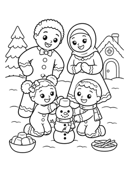 A cute gingerbread coloring page of a family building a marshmallow snowman outdoors.