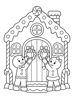 Gingerbread figures hanging wreaths in this candy house coloring page.