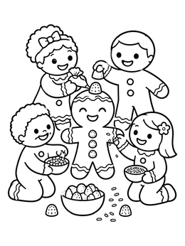 Happy gingerbread cookie friends decorating each other in this gingerbread coloring page.