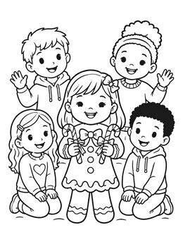 A candy cane coloring page featuring smiling children surrounding a cute gingerbread girl.