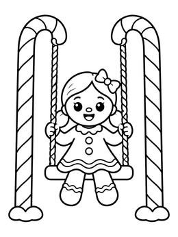 A cheerful gingerbread coloring page showing a gingerbread girl swinging between candy canes.