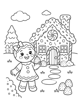 Gingerbread girl holding a gumdrop beside a candy cottage in this gingerbread house coloring page.