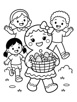 Gingerbread coloring page showing a gingerbread girl carrying treats with happy children.