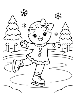 Gingerbread coloring page of a cute gingerbread girl figure skating on a snowy frozen pond.