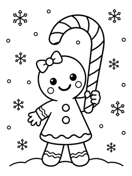 Free printable Gingerbread Girl With Candy Cane coloring page