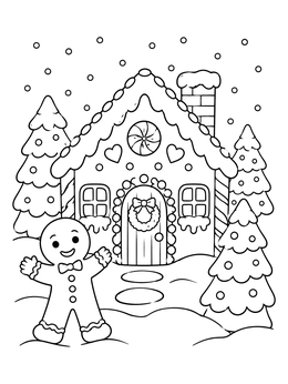 A cheerful gingerbread man outside a snowy gingerbread house coloring page.