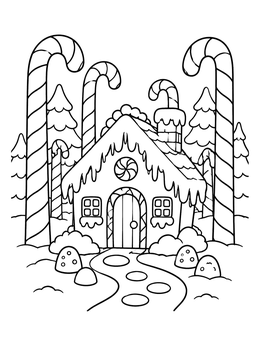 Free printable Gingerbread House And Candy Cane Forest coloring page