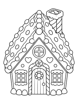 A sweet gingerbread house coloring page with frosting roof, heart candies, and a chimney.
