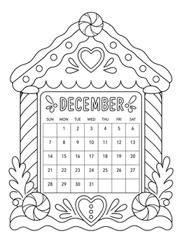 A gingerbread house december coloring page framing a monthly calendar with sweet treats.
