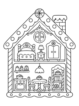 A detailed gingerbread house coloring page showing rooms with candy furniture in a cutaway view.