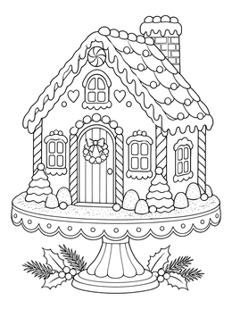 Detailed gingerbread house coloring page displayed on an elegant decorated cake stand.