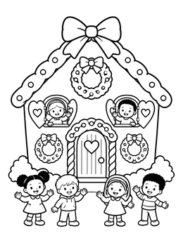 A cheerful gingerbread house coloring page with happy children waving outside.