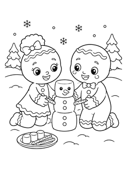 Gingerbread coloring page showing two cute cookie kids making a marshmallow snowman in the snow.