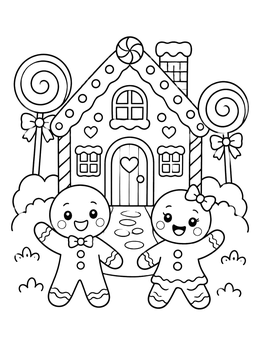 Two smiling gingerbread figures wave in this sweet gingerbread house coloring page.