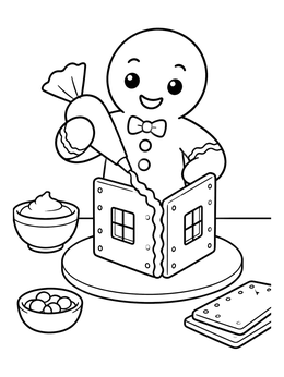 A cheerful gingerbread coloring page showing a cookie character piping icing onto house walls.