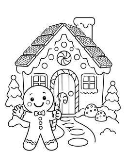 A cheerful gingerbread man outside in this gingerbread house coloring page.