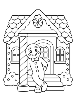 Gingerbread man relaxing on porch steps in this cheerful candy house coloring page.