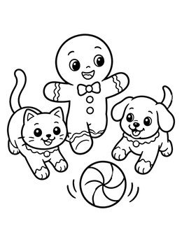 Cute gingerbread coloring page featuring a gingerbread man, cat, and dog playing with candy.