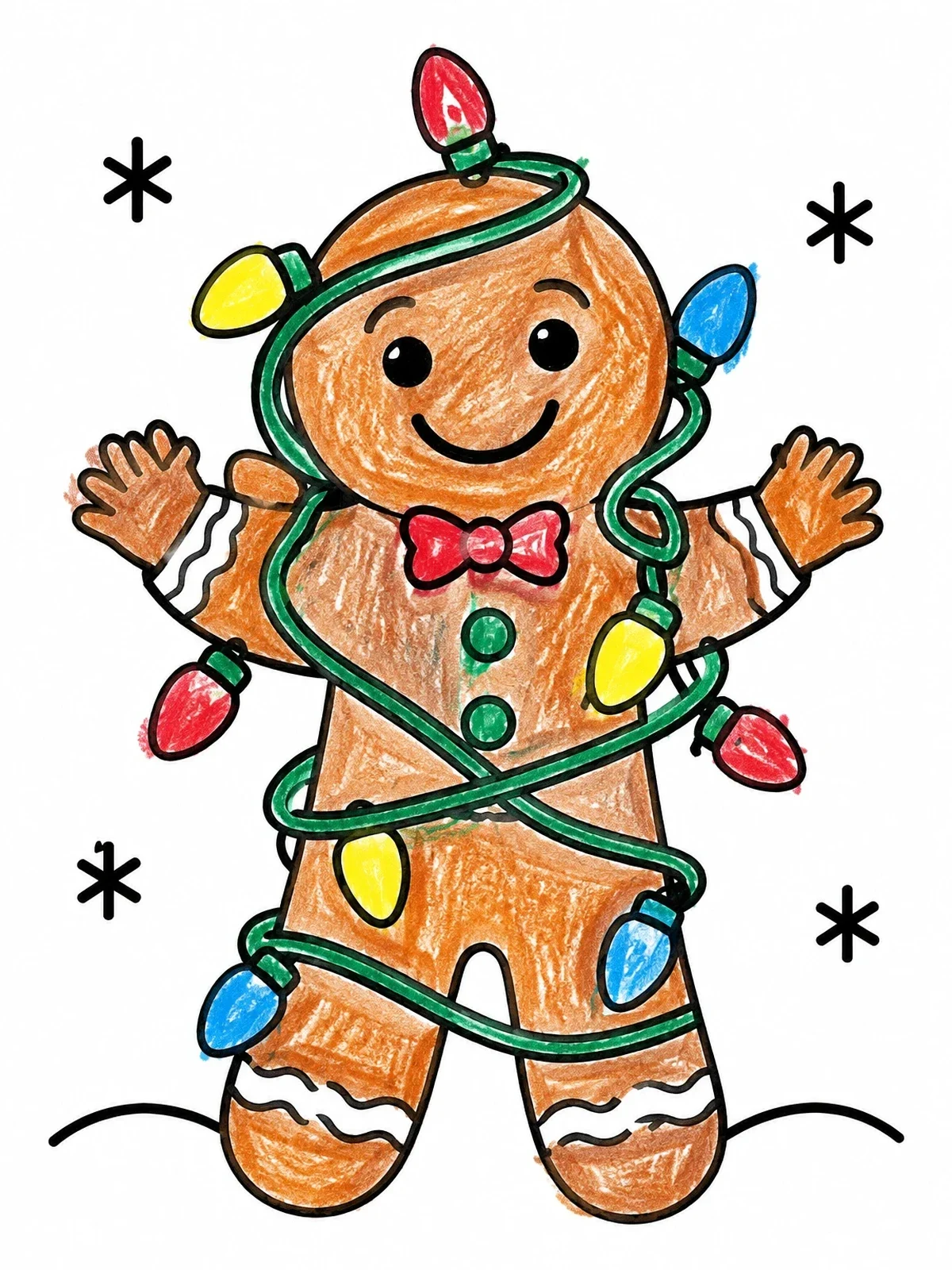 Colored example of the Gingerbread Man Wrapped In Christmas Lights coloring page