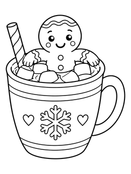 Cute gingerbread coloring page featuring a gingerbread man relaxing in a hot cocoa mug with marshmallows.