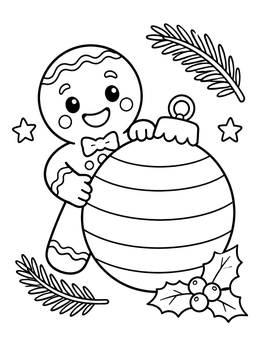 A cheerful gingerbread man hugging a striped bauble in this ornament coloring page.
