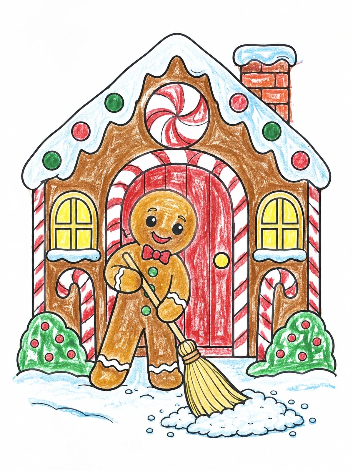 Colored example of the Gingerbread Man Sweeping Gingerbread House Porch coloring page
