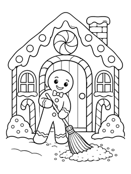 A cheerful gingerbread man sweeps sugar snow in this candy house coloring page.