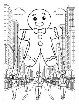 A thanksgiving parade coloring page showing handlers guiding a giant gingerbread balloon down a city street.