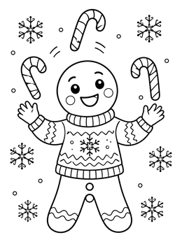 A cheerful ugly sweater coloring page featuring a gingerbread man juggling candy canes.